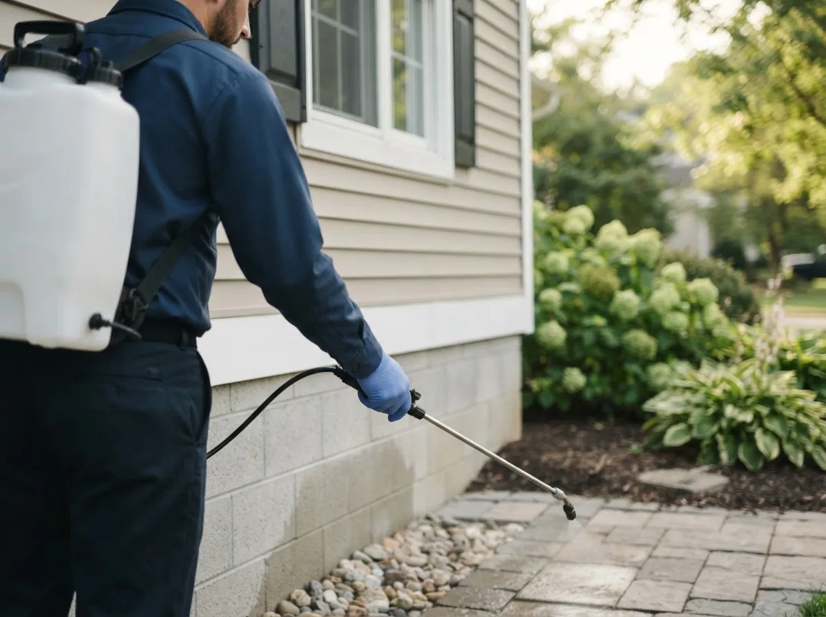Pest control technician inspecting a home in Windham, NH